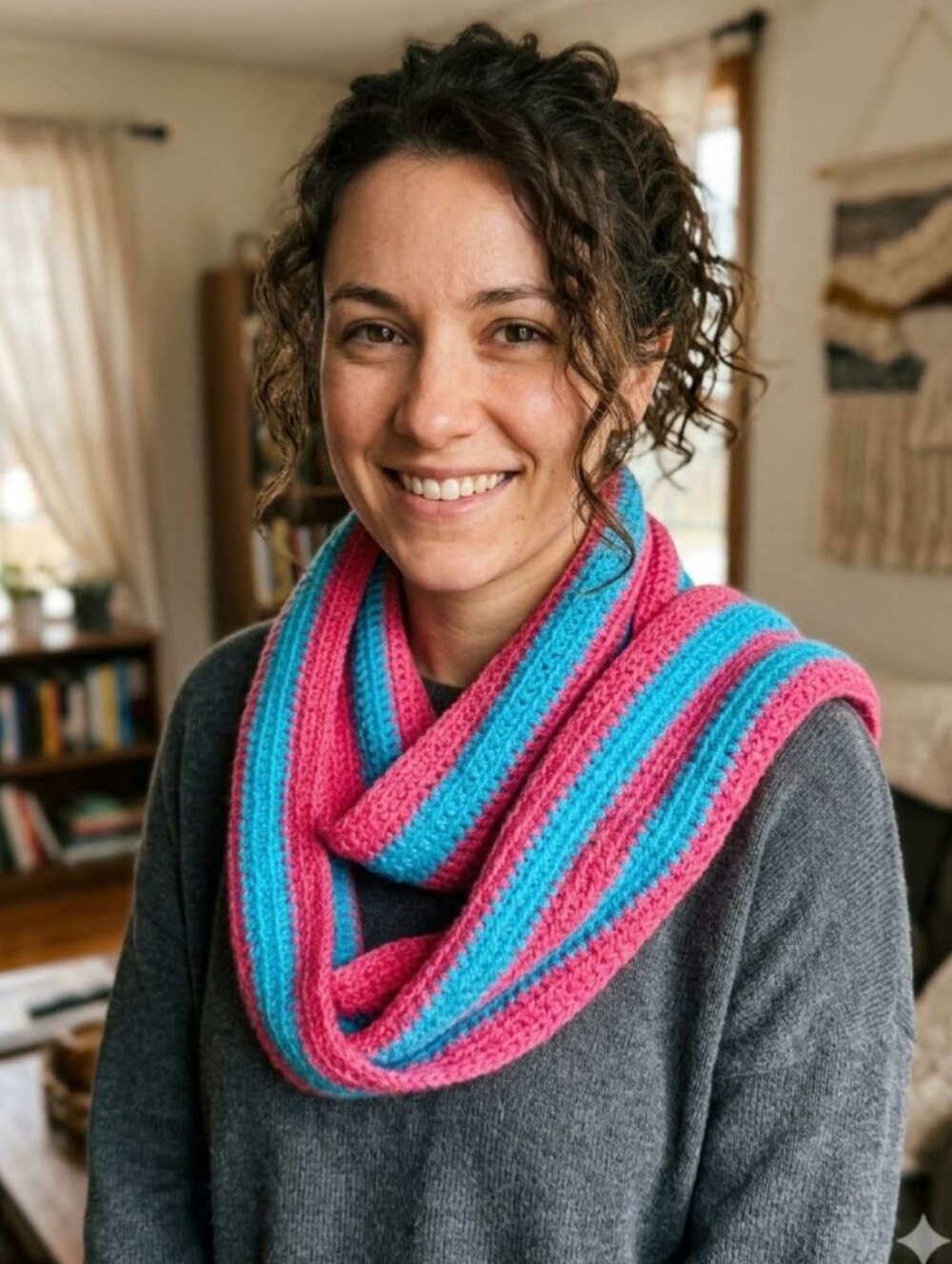 Hand Crochet Scarf Hood Bright Pink and Blue Stripe
